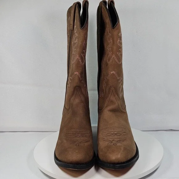 Western Cowboy Boots Women Brown Suede Pink Stitching Heel Round Toe New - Picture 7 of 8